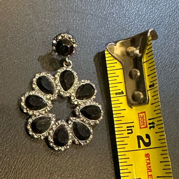 REBECCA MINKOFF XL Silver Crystal Black Faceted Stone Drop Flower Earrings - Picture 5 of 5